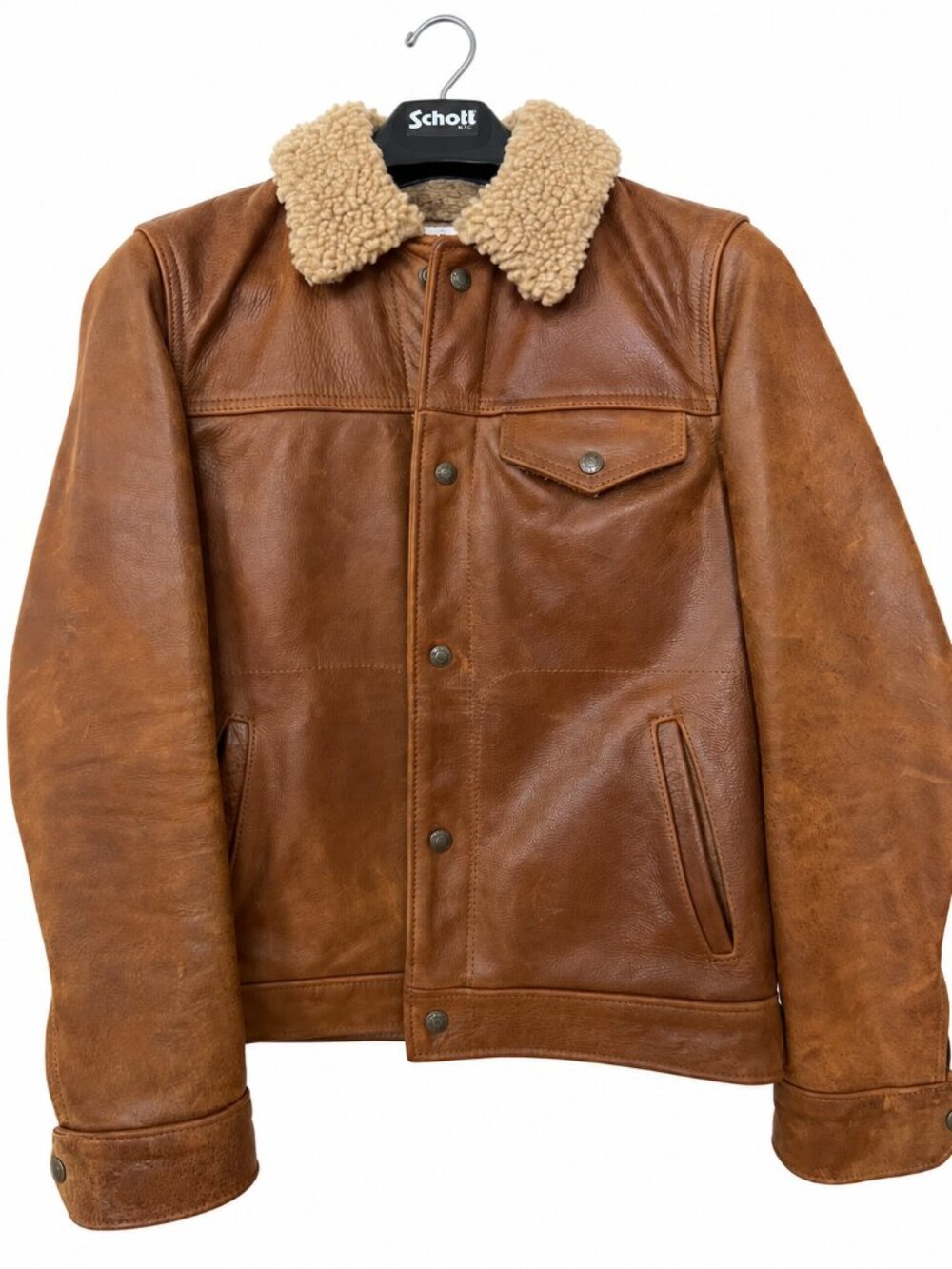 Schott NYC Western Brown Buffalo Leather Sherpa Jacket Size S Made in USA